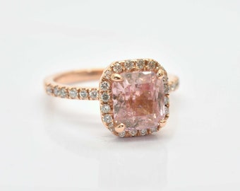 Untreated peach champagne sapphire 2.7 carats rose gold engagement ring, diamonds ring, wedding ring, anniversary rings, halo ring  SKU-2474