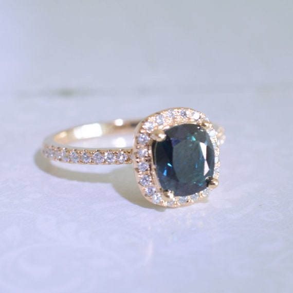 Bluish Green Sapphire Ring Yellow Gold Engagement Ring Etsy