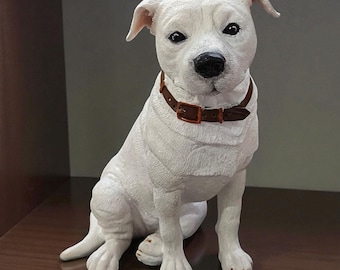 Hand crafted white Staffordshire bull terrier statue. Personalised Memorial dog statue