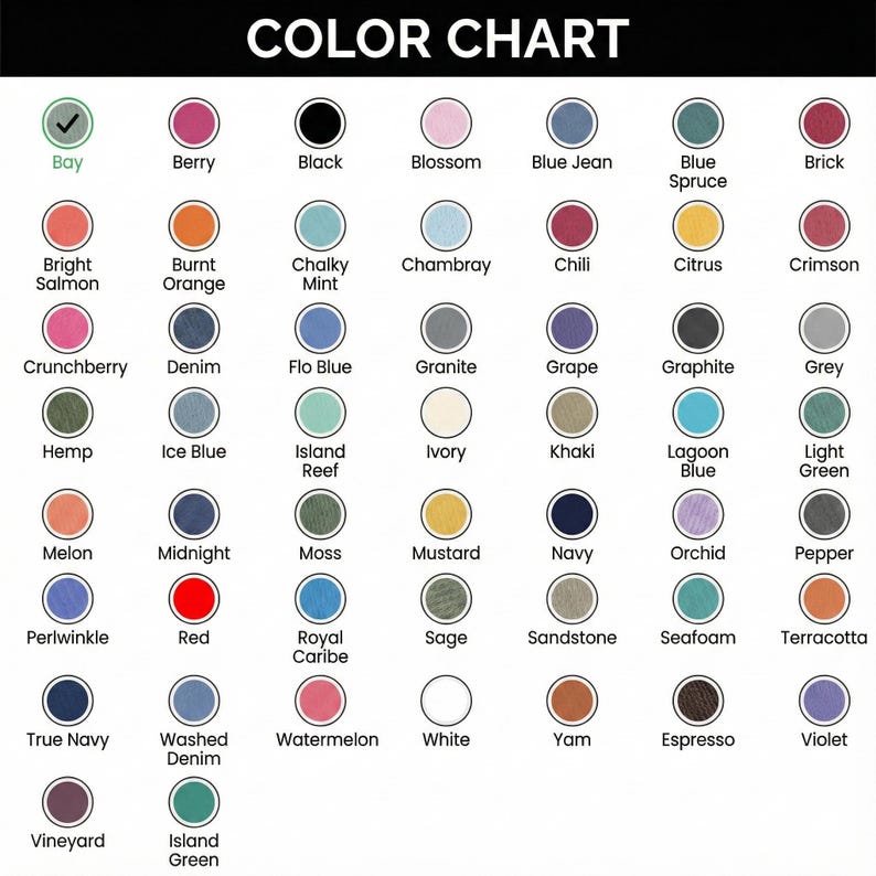 Pu&ograve; includere: Una tabella dei colori con sfondo nero e testo bianco che recita "COLOR CHART". La tabella mostra una griglia di campioni di colore, ciascuno etichettato con un nome di colore. I colori includono Bay, Berry, Black, Blossom e altro.