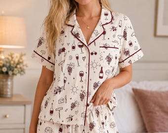 Women’s Satin Pajama Set, Vino Before Vows Bachelorette Wine Theme PJs, Short Sleeve Bridal Shower Pajamas, Wedding Party Gift