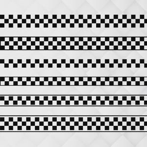 May include: A collection of black and white checkered patterns arranged in horizontal rows. The patterns vary in size and spacing, creating a visually dynamic design. The alternating squares create a classic, graphic look.