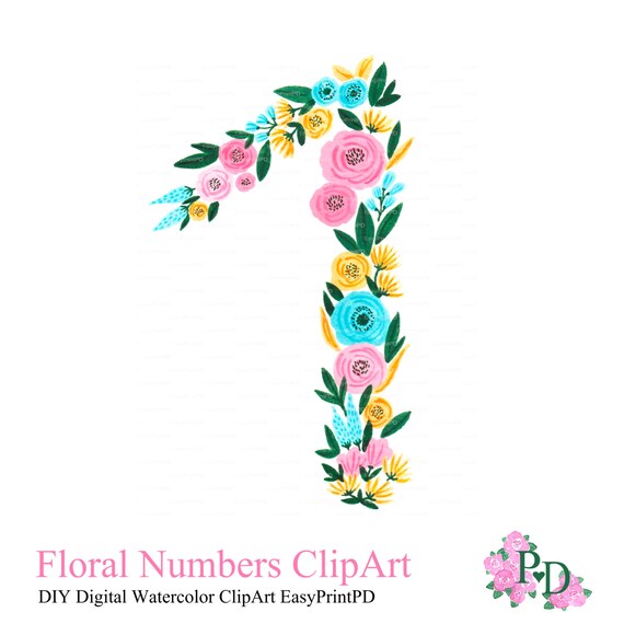 Download Floral Numbers Print Watercolor clipart Number one watercolor | Etsy