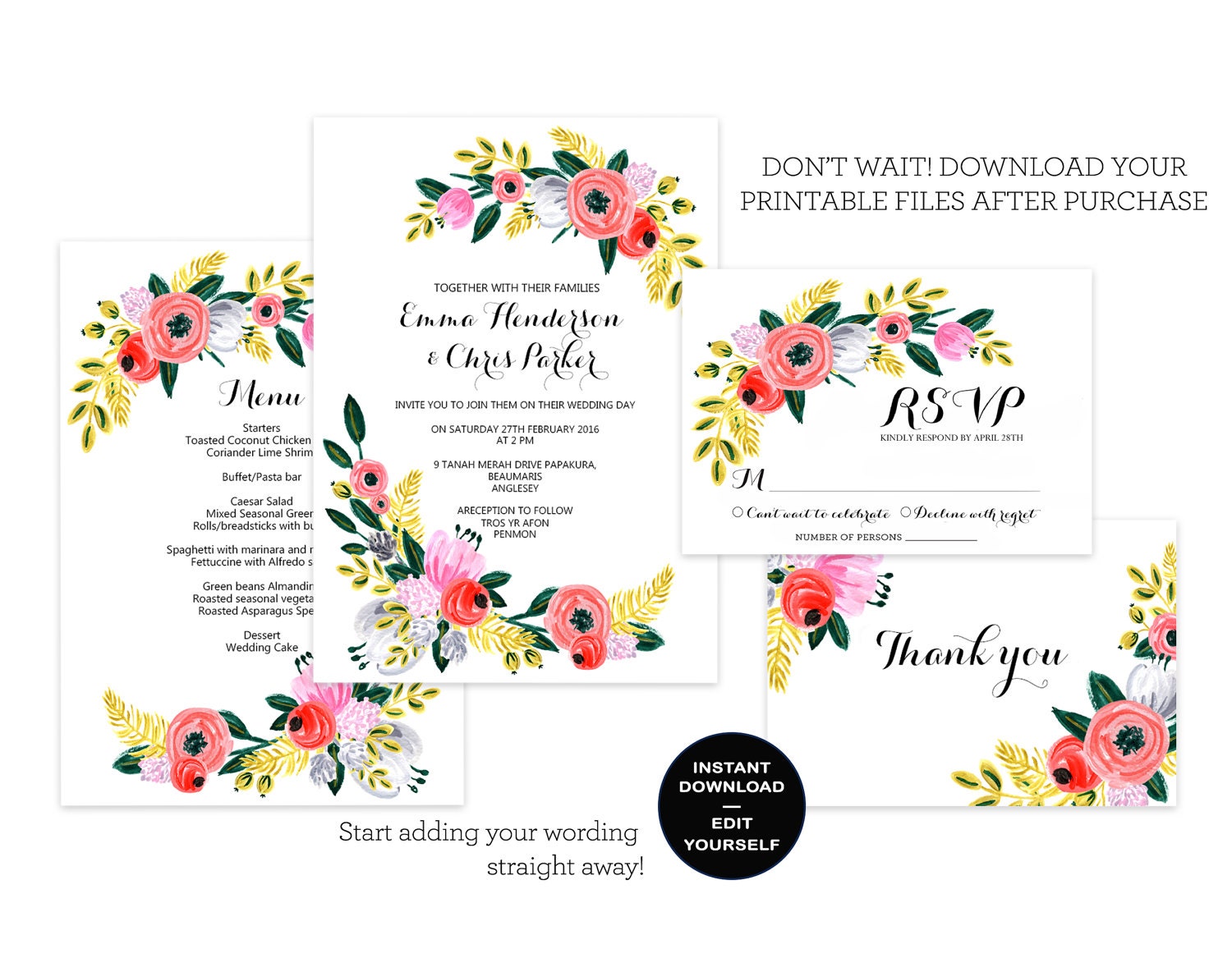 Floral Wedding Invitation Template Rustic Boho Chic Wedding Etsy