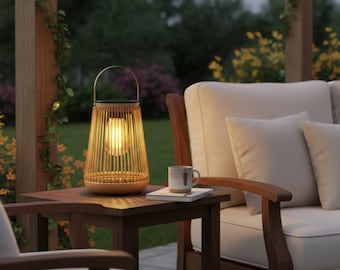 Solar Rattan Lantern Outdoor | Warm White LED Hanging Light | Handmade Iron & Woven Solar Lamp IP65 for Garden Patio Decor