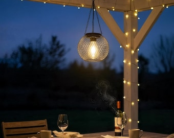 Solar Hanging Metal Lantern, Outdoor Waterproof LED Light, Warm White Garden Patio Lantern Decor