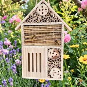 May include: A wooden insect hotel with a gabled roof, featuring a top section with drilled wood discs, a middle compartment with horizontal bamboo reeds behind wire mesh, and a lower section with vertical slots and more drilled wood discs.