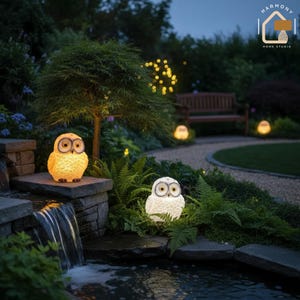 Op de afbeelding: Twee verlichte uilvormige tuinverlichting, één gele en één witte, zijn geplaatst in de buurt van een kleine waterval en vijver. De lichten zijn omgeven door groen en staan in een tuin met een bank en andere decoratieve lichten op de achtergrond. De scène is verlicht in de schemering.