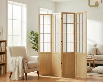 Japanese Room Divider 4 Panel | Folding Wooden Privacy Screen | Wall Divider Panels | Decorative Wood Partition for Living Room & Office