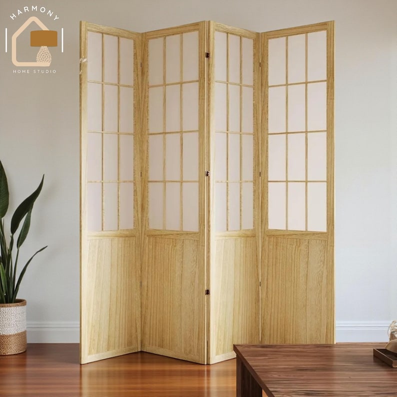 May include: A four-panel wooden room divider with a light wood finish. Each panel features a grid of small rectangular windows with a translucent white backing. The divider is a decorative element for home decor.