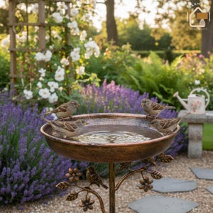 May include: A bronze bird bath with a floral base, filled with water, and several small brown birds perched around it. The bird bath is in a garden with lavender and white flowers.