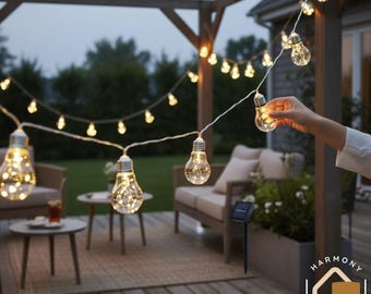 Solar Outdoor String Lights | Warm White Bulb Fairy Lights | Waterproof Garden Patio Lights | Solar Powered Hanging Decor for Yard & Balcony