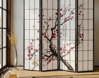 Japanese Room Divider 4 Panel | Folding Wooden Privacy Screen | Wall Divider Panels | Decorative Wood Partition for Living Room & Office