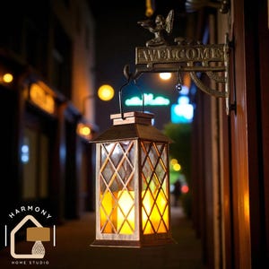May include: An outdoor lantern with a warm glow, suspended from a bracket that reads "WELCOME". The lantern has a diamond-patterned glass design. The Harmony Home Studio logo is visible. The scene is set in a dimly lit alleyway.