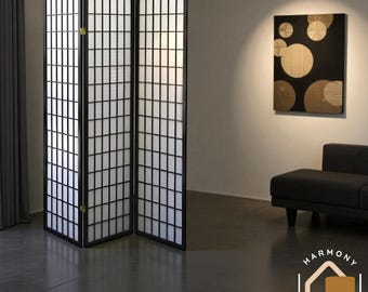 Japanese Room Divider 3 Panel | Black Wood Folding Screen | Privacy Room Partition | Waterproof Fabric Wall Divider | Handmade Home Decor