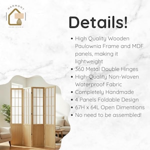 May include: A four-panel folding room divider with a light wood frame and white panels. The divider is handmade and features 360 metal double hinges. Open dimensions are 67 inches high by 64 inches wide. The text says "Details!"