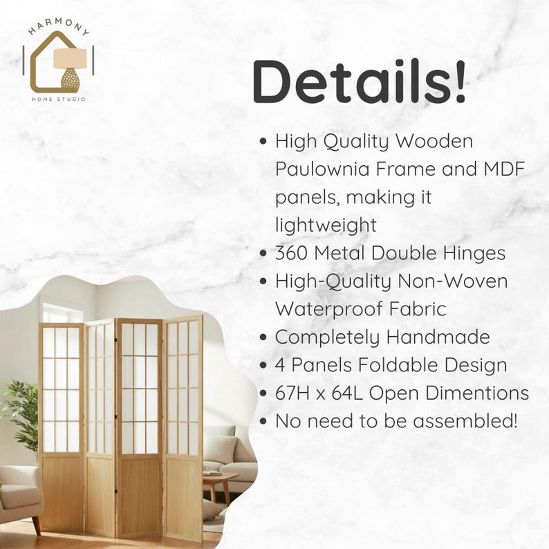 May include: A four-panel folding room divider with a light wood frame and white panels. The divider is handmade and features 360 metal double hinges. Open dimensions are 67 inches high by 64 inches wide. The text says "Details!"