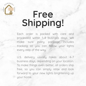 May include: The image features the text "Free Shipping!" in large, bold letters. Additional text describes the shipping process, including tracking and delivery times within the U.S. The Harmony Home Studio logo is in the upper left corner.