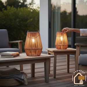 Solcellslykta i bambu för utomhusbruk – Handgjord vävd solcellslampa, vattentät IP65 trädgårdsdekor, varmvit ekologisk hängande lampa för uteplats och trädgård