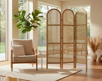 Rattan Room Divider 3 Panel | Handmade Pine Wood Folding Privacy Screen | Natural Room Partition | No-Assembly Decorative Home Divider