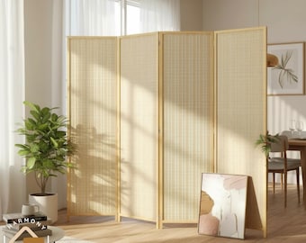 Bamboo Room Divider 4 Panel Folding Screen | Wood Privacy Partition | Handmade Natural Wall Divider | Tall Boho Home Decor Screen