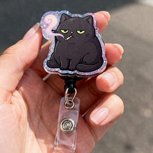 Grumpy Black Cat Acrylic Badge Reel Cute Moody Kitty ID Holder Retractable Nurse Teacher Office Badge Clip Gift
