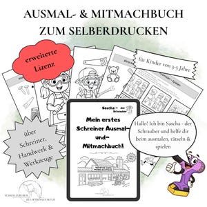 Könnte beinhalten: Eine Sammlung von Schwarz-Weiß-Malvorlagen und ein Tablet mit einem Kinderbuch mit dem Titel "Mein erstes Schreiner Ausmal- und-Mitmachbuch!". Das Buch handelt von Zimmerei, Handwerk und Werkzeugen. Das Bild enthält Text auf Deutsch und Illustrationen von Werkzeugen und Kindern.