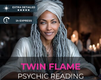 May include: A woman with gray dreadlocks and a white head wrap smiles. Text on the image reads "TWIN FLAME PSYCHIC READING" and "PSYCHIC", "EXTRA DETAILED", and "1h EXPRESS". The image also includes the text "Private PDF • 1 clarification in 7 days included".