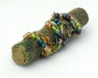 Beaded Jewelry, Mixed Media Brooch, Green, Handmade