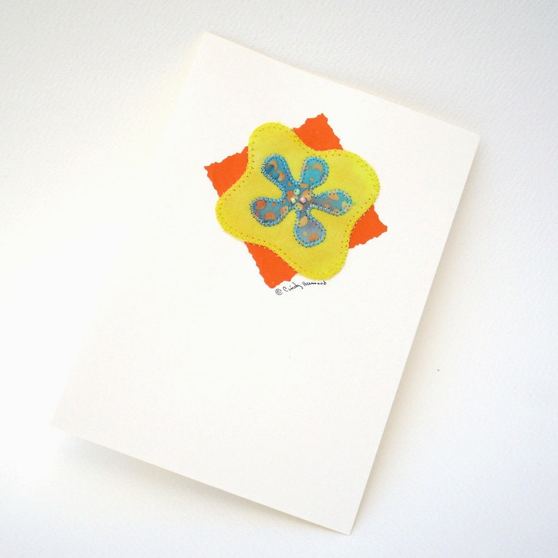 Mixed-Media Greeting Card Turquoise Yellow Orange Flower Beaded Sale image 1