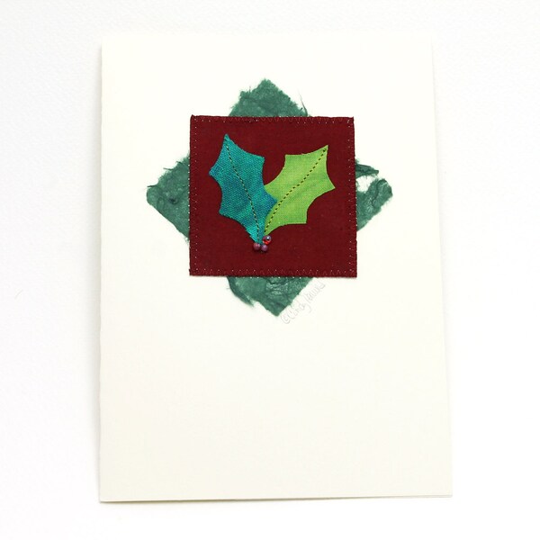 Fiber Art Greeting Card Holly Turquoise Green Maroon