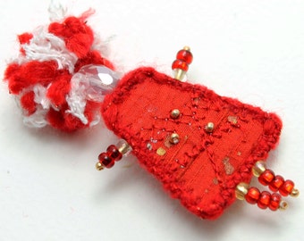 Fiber Art Pin, Mixed Media Red Silk Girlfriend