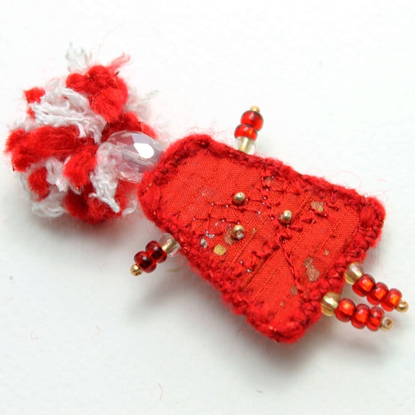 Fiber Art Pin, Mixed Media Red Silk Girlfriend