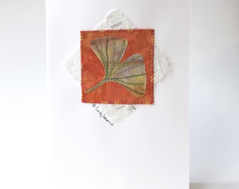 Mixed Media Ginko Greeting Card, Fiber Art, Textile Art