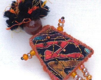 Fiber Brooch, Black Orange Ethnic Girlfriend