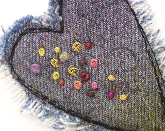 Mixed Media Brooch Heart Jewelry Recycled Denim Valentine