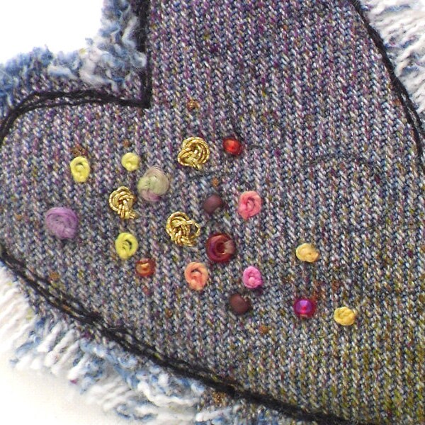 Mixed Media Brooch Heart Jewelry Recycled Denim Valentine