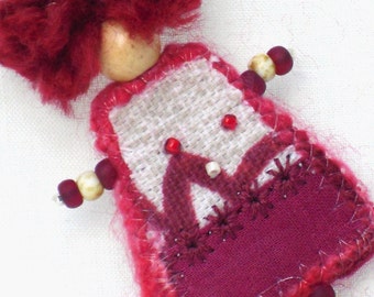 Fiber Brooch, Mixed Media Doll Red Ivory Girlfriend