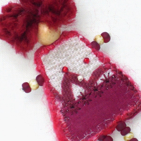 Fiber Brooch, Mixed Media Doll Red Ivory Girlfriend