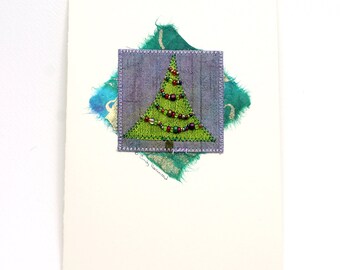 Fiber Art Greeting Card, Holiday Tree, Green Blue Beaded