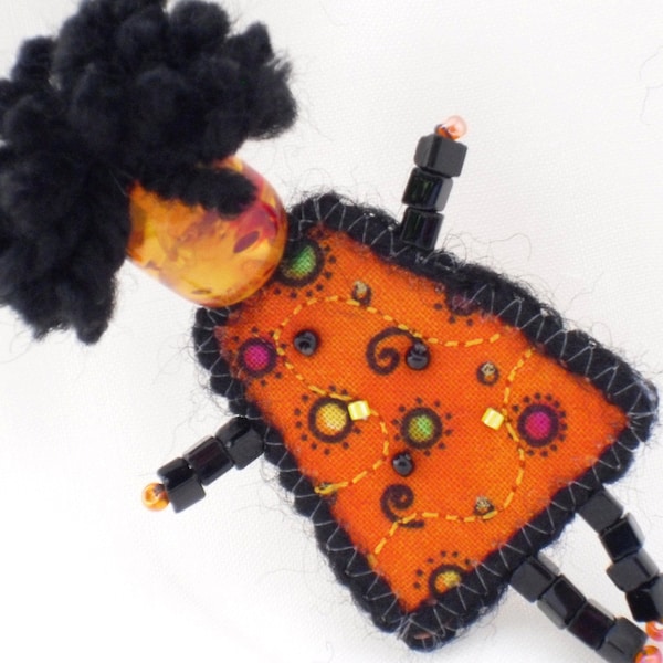 Mixed Media Brooch, Orange Black Girlfriend