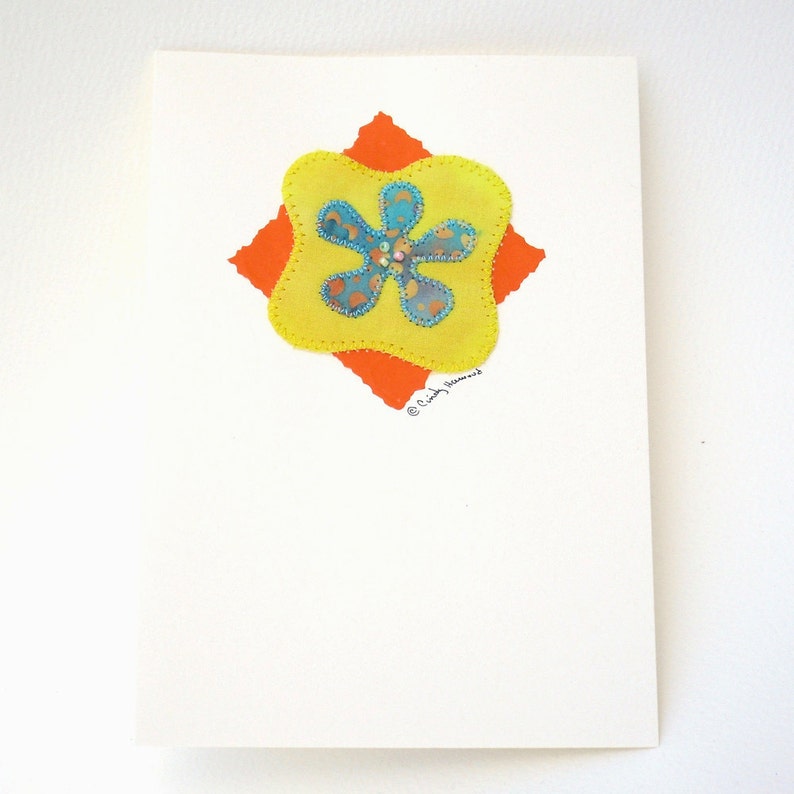 Mixed-Media Greeting Card Turquoise Yellow Orange Flower Beaded Sale image 2