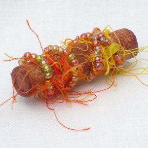 Mixed Media Brooch, Tangerine Orange, Beaded