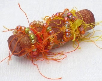 Mixed Media Brooch, Tangerine Orange, Beaded