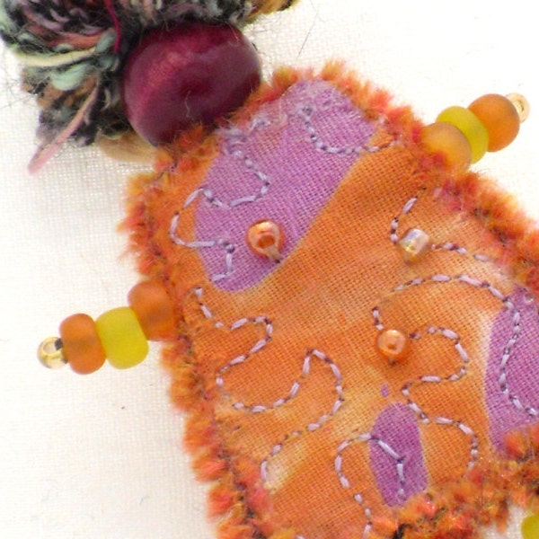 Mixed Media Brooch, Fiber Art Pin, Orange, Purple Girlfriend