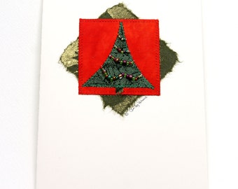 Mixed Media Greeting Card, Holiday Tree, Green Red Beaded