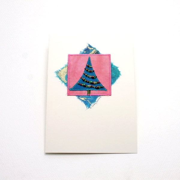 Greeting Card, Holiday Tree, Mixed Media, Turquoise Pink Beaded