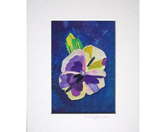 Fiber / Textile Art - Pansy - Framable - 8 x 10 Matted - SALE!