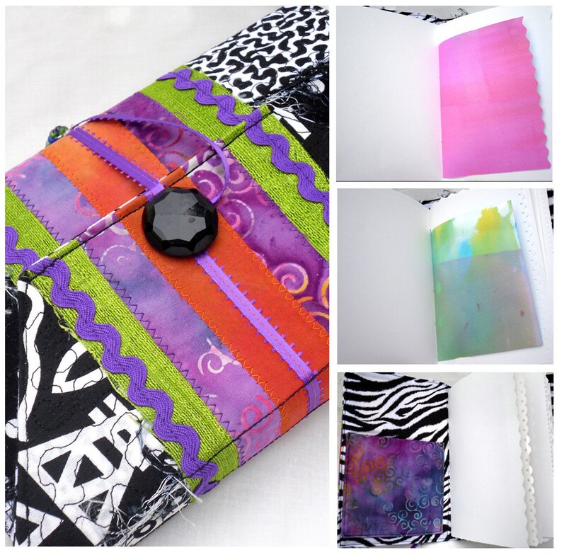 May include: A handmade journal with a colorful fabric cover. The cover features a black button and a variety of patterned fabrics, including zebra print, floral, and stripes. The journal is open to reveal blank pages.