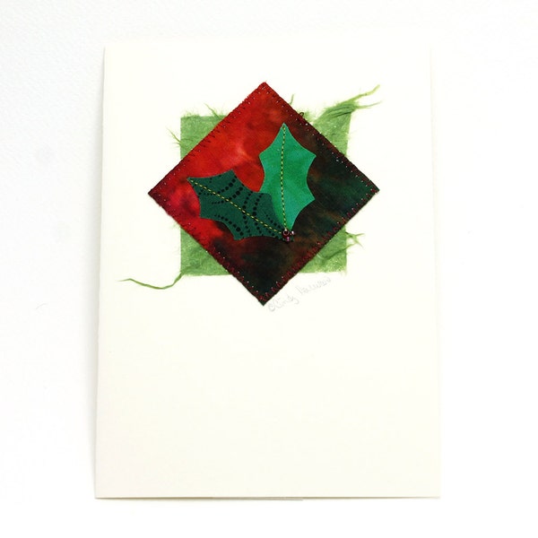 Greeting Card Fiber Art Holly Green Red